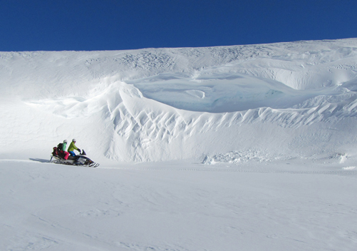 Exploring on a snowmobile