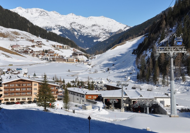 Hintertux Glacier base area has hotels next to the gondola station