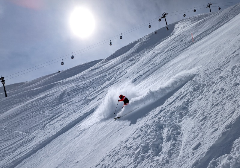 Powder skiing the steep groomers of Lazid, classic Serfaus Fiss Ladis terrain