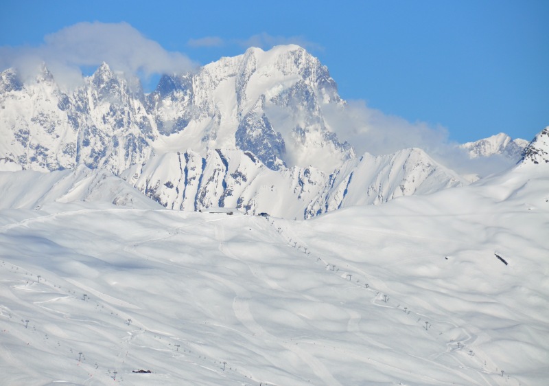 La Rosiere ski resort in the French Alps with Mont Blanc rising up behind