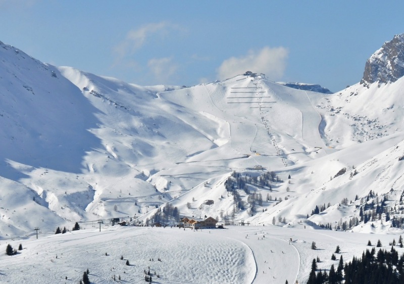 Arabba Marmolada ski terrain looking from Bec de Roces to Passo Pordoi & the Belvedere