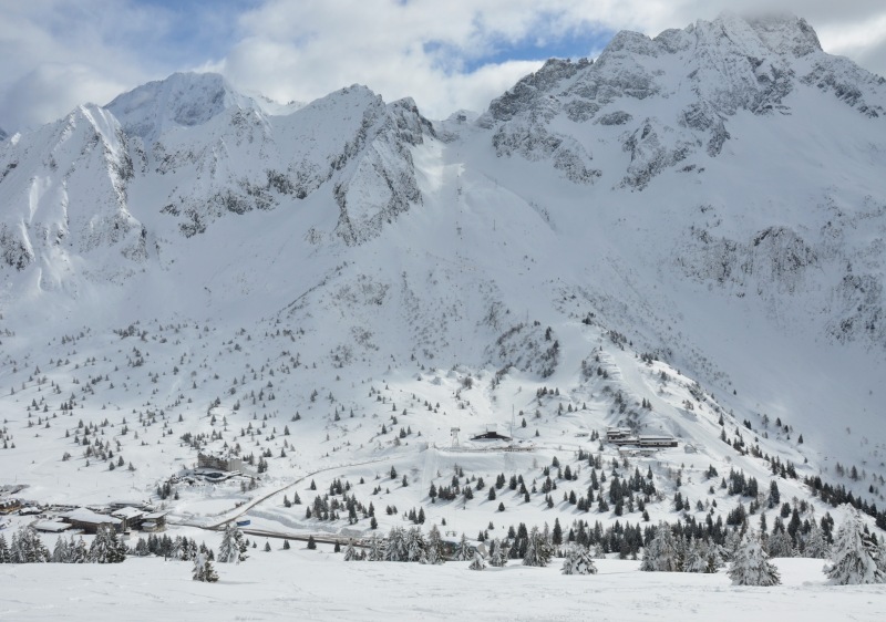 Freeride ski terrain in the foreground & opposite at Passo Tonale