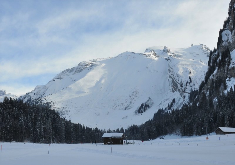 Laub freeride ski route visible from Untertrubsee at Engelberg