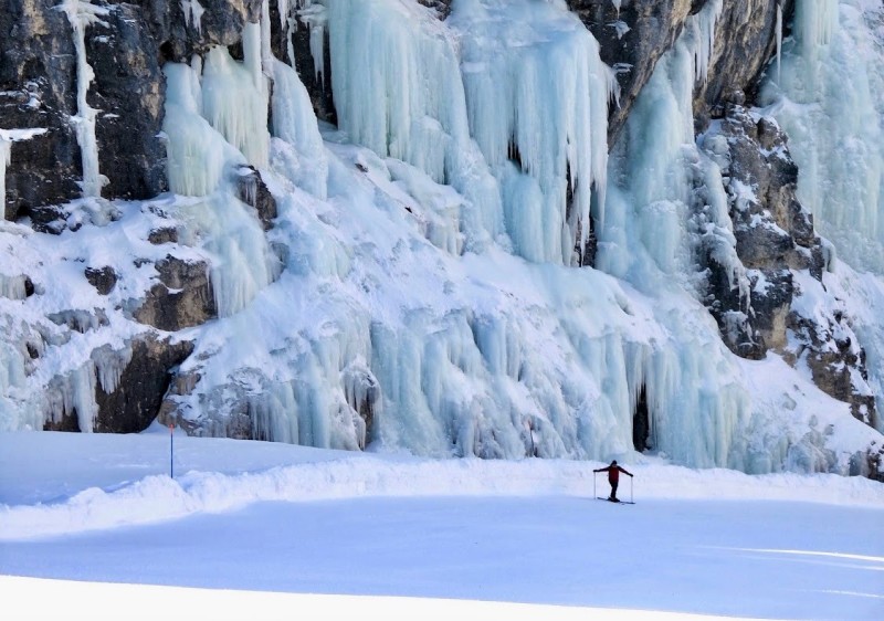 Dolce Panoramica Dolomites Ski Safari at frozen waterfall in Hidden Valley